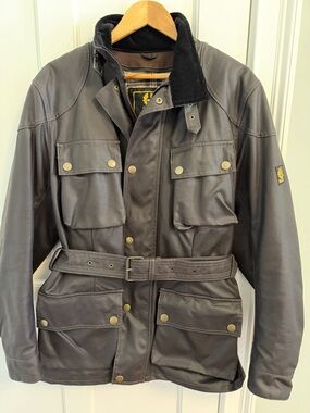 Belstaff Waxed Cotton Trialmaster Brown Leather Belted Jacket, Mens Medium